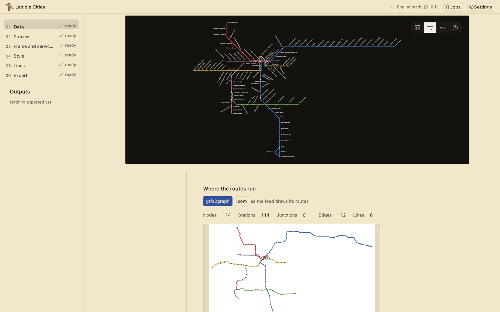 Cell 01 open under the map of Los Angeles Metro Rail: the heading Where the routes run, the gtfs2graph and loom stages, counts of 114 stations and 6 lines, and the six lines drawn along their real courses.