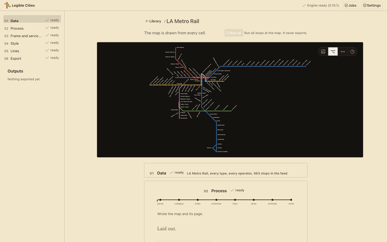 A project named LA Metro Rail: six numbered steps down the side, all ready, and a dark schematic map of six coloured lines above the cells, with cell 02 open on a line of eight stages that ends Laid out.